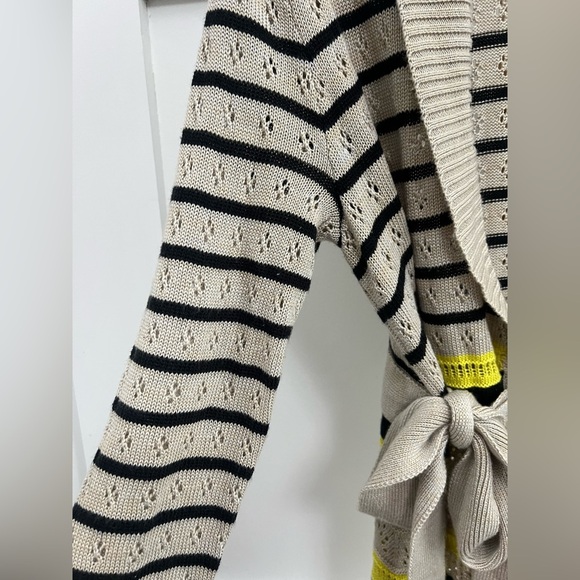 The Limited Cream Yellow Black Striped Open Front Belted Cardigan Sweater sz Med - Picture 6 of 9
